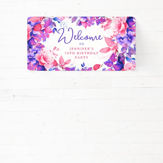 Paarse Waterverf Bloemen 70ste Verjaardagsfeest Spandoek (Insitu)