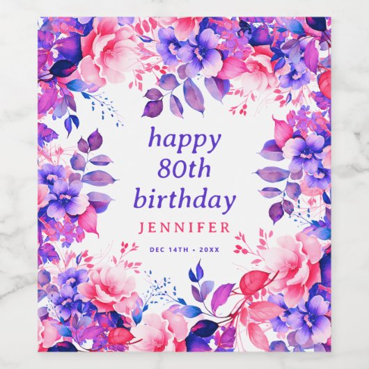 Paarse Waterverf Bloemen 80ste Gelukkige Verjaarda Wijn Etiket (Enkel label)