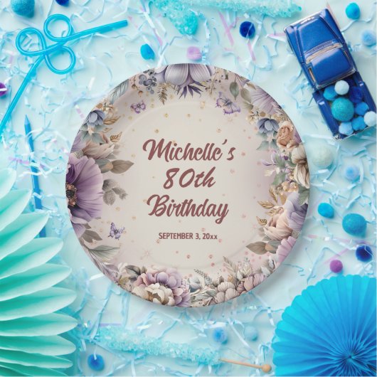 Paarse Waterverf Bloemen 80ste Verjaardag Papieren Bordje (Feest)
