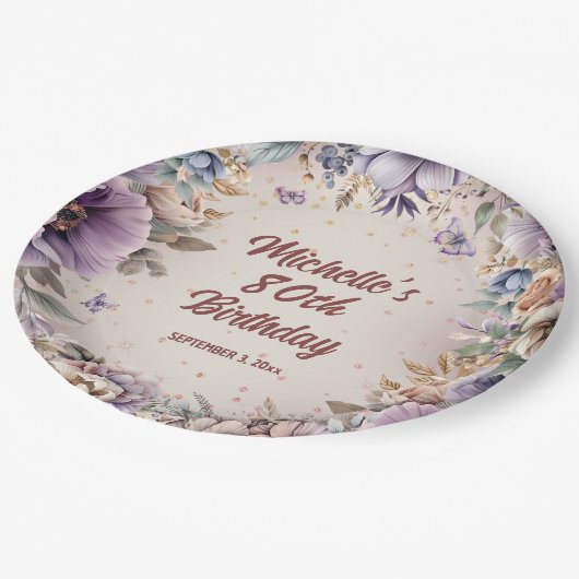Paarse Waterverf Bloemen 80ste Verjaardag Papieren Bordje (Gekanteld)
