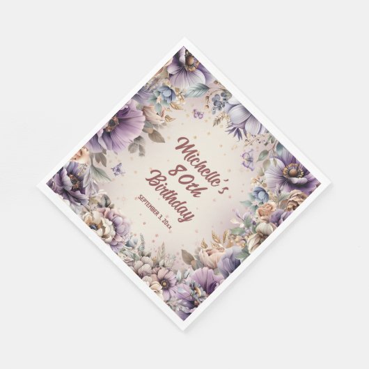 Paarse Waterverf Bloemen 80ste Verjaardag Servet (Hoek)