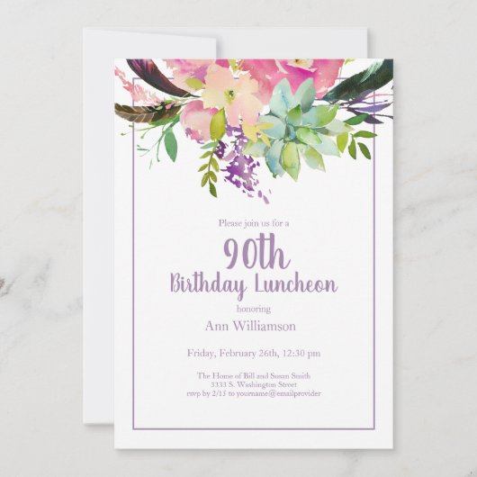 Paarse Waterverf Bloemen 90ste Verjaardag Kaart (Voorkant)