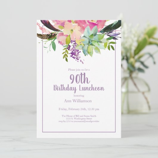 Paarse Waterverf Bloemen 90ste Verjaardag Kaart (Staand voorkant)