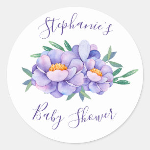 Paarse Waterverf Bloemen Baby shower Gepersonalise Ronde Sticker