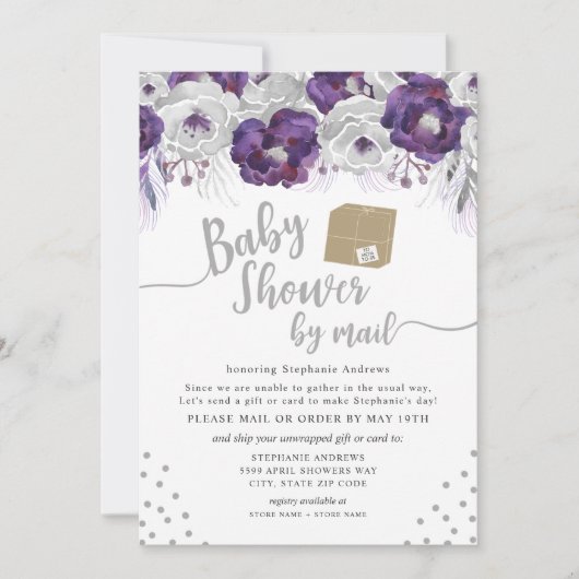 Paarse Waterverf Bloemen Baby shower per post Kaart (Voorkant)