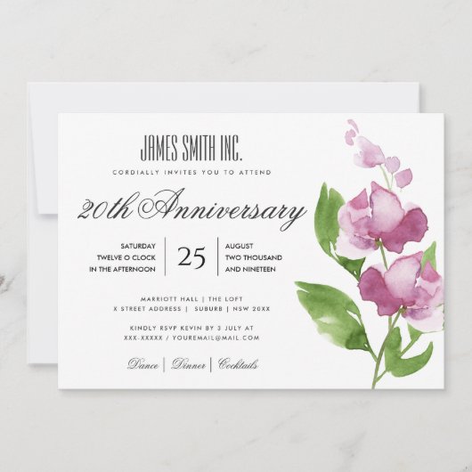 PAARSE WATERVERF BLOEMEN BEDRIJFSPARTY EVENEMENT KAART (Voorkant)