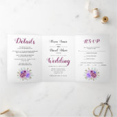 Paarse waterverf bloemen bloem foto bruiloft drieluik uitnodiging (Binnen)