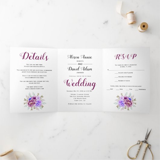 Paarse waterverf bloemen bloem foto bruiloft drieluik uitnodiging (Binnen)