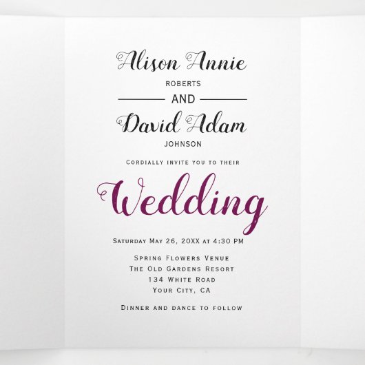 Paarse waterverf bloemen bloem foto bruiloft drieluik uitnodiging (Binnenkant midden)