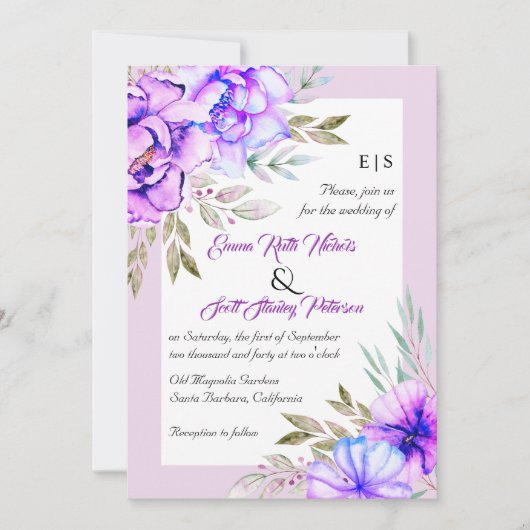 Paarse waterverf bloemen bloemen lila bruiloft kaart (Voorkant)