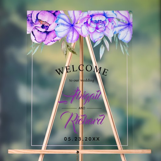 Paarse waterverf bloemen bloemenbruiloft WELKOM Acryl Bord (Neutraal)