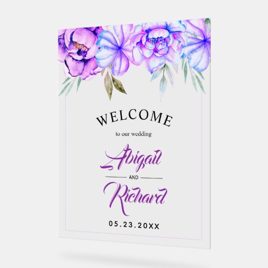 Paarse waterverf bloemen bloemenbruiloft WELKOM Acryl Bord (Hoek)