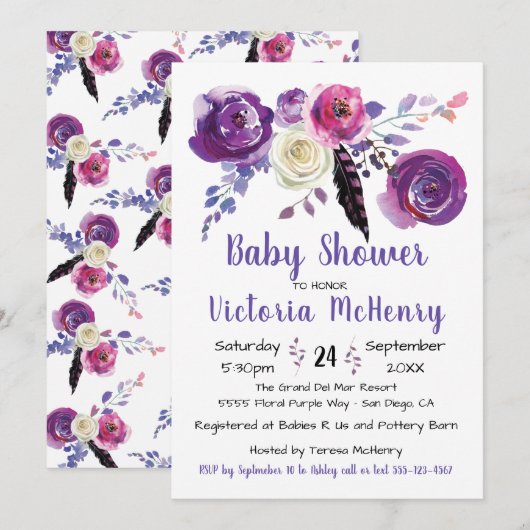 Paarse waterverf Bloemen Boho BabyShower Kaart (Voorkant / Achterkant)