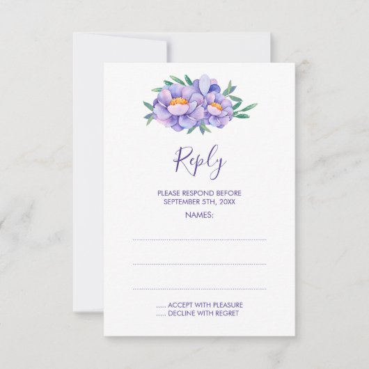 Paarse Waterverf bloemen bruiloft antwoord Kaarten (Voorkant)