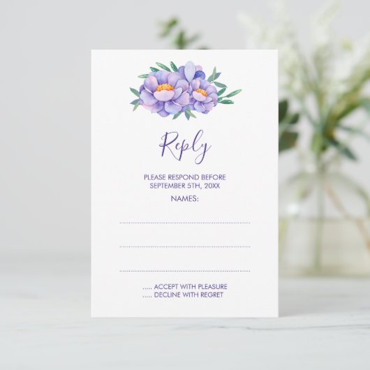 Paarse Waterverf bloemen bruiloft antwoord Kaarten (Staand voorkant)