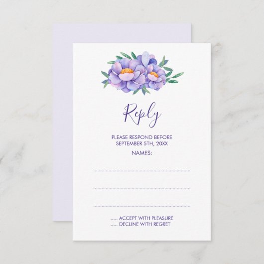 Paarse Waterverf bloemen bruiloft antwoord Kaarten (Voorkant / Achterkant)