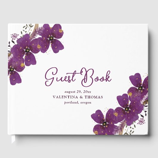  Paarse Waterverf Bloemen Bruiloft Gastenboek (Voorkant)