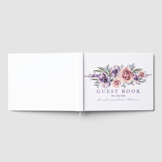 Paarse Waterverf Bloemen Bruiloft Gastenboek (Volledig)