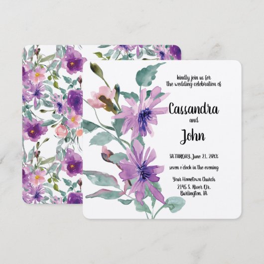Paarse Waterverf bloemen bruiloft Kaart (Voorkant / Achterkant)