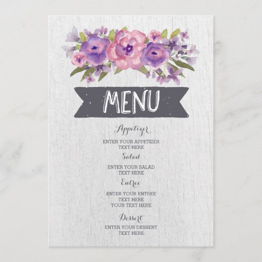 Paarse Waterverf Bloemen Bruiloft Menu (Voorkant)