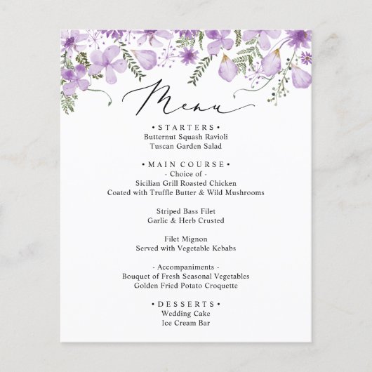Paarse Waterverf Bloemen Bruiloft Menu Kaart (Voorkant)