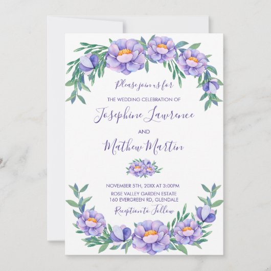 Paarse Waterverf Bloemen Bruiloft Uitnodigingen (Voorkant)