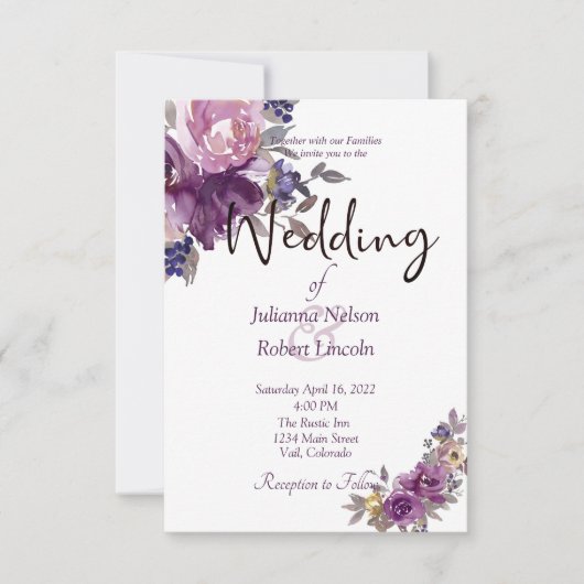 Paarse waterverf bloemen bruiloftsinvitaties kaart (Voorkant)