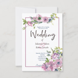 Paarse waterverf bloemen bruiloftsinvitaties kaart