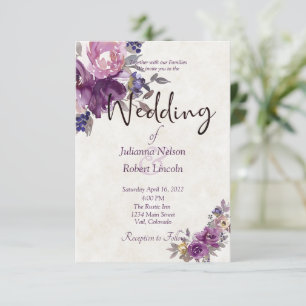 Paarse waterverf bloemen bruiloftsinvitaties kaart