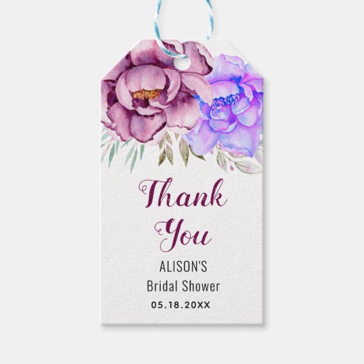 Paarse waterverf bloemen Dank u vrijgezellenfeest Cadeaulabel (Voorkant)