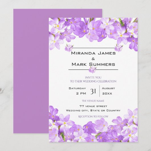 Paarse Waterverf bloemen Elegant Wedding Kaart (Voorkant / Achterkant)