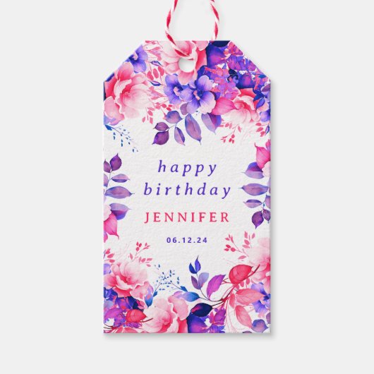 Paarse Waterverf Bloemen elke leeftijd Happy Birth Cadeaulabel (Voorkant)