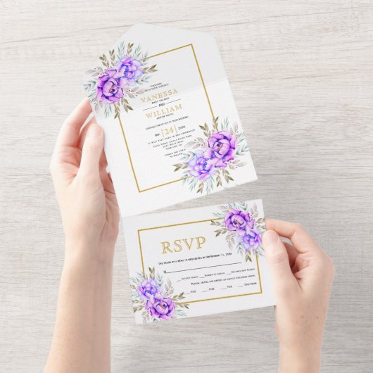 Paarse waterverf bloemen en bladeren goudbruiloft all in one uitnodiging (Afscheurbaar)