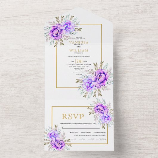 Paarse waterverf bloemen en bladeren goudbruiloft all in one uitnodiging (Binnen)
