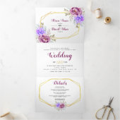 Paarse waterverf bloemen en gouden lijsten bruilof drieluik uitnodiging (Binnen)