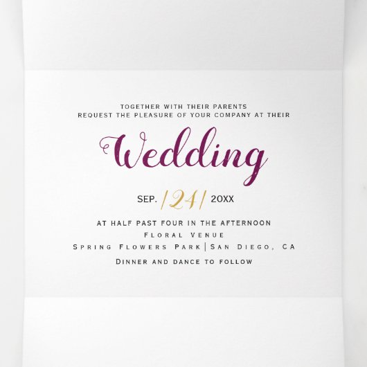 Paarse waterverf bloemen en gouden lijsten bruilof drieluik uitnodiging (Binnenkant midden)