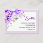 Paarse waterverf bloemen florale trouwdetails informatiekaartje (Voorkant)