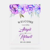 Paarse waterverf Bloemen Frosted Wedding WELKOM Acryl Bord (Voorkant)