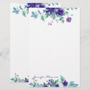 Paarse waterverf bloemen gepersonaliseerd briefpapier
