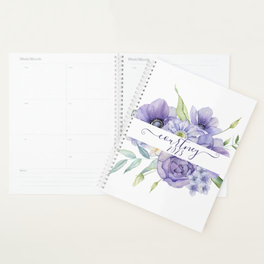 Paarse waterverf bloemen gepersonaliseerd, op maat planner