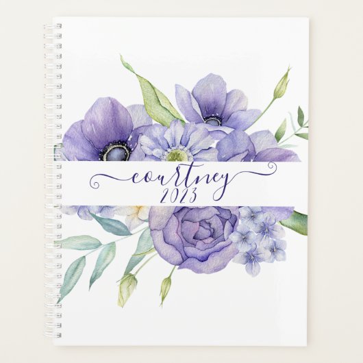 Paarse waterverf bloemen gepersonaliseerd, op maat planner (Voorkant)