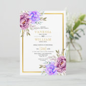 Paarse waterverf bloemen gouden frame bruiloft kaart (Staand voorkant)