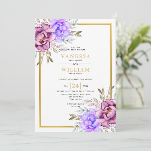 Paarse waterverf bloemen gouden frame bruiloft kaart (Staand voorkant)