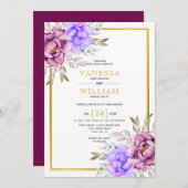 Paarse waterverf bloemen gouden frame bruiloft kaart (Voorkant / Achterkant)