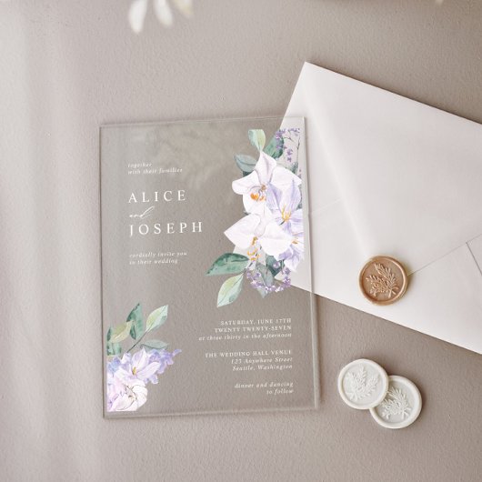 Paarse Waterverf Bloemen & groen bruiloft Acryl Uitnodigingen
