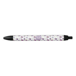 Paarse Waterverf Bloemen Irissen Patroon Monogram Zwarte Inkt Pen