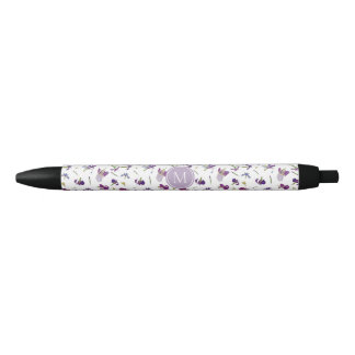 Paarse Waterverf Bloemen Irissen Patroon Monogram Zwarte Inkt Pen
