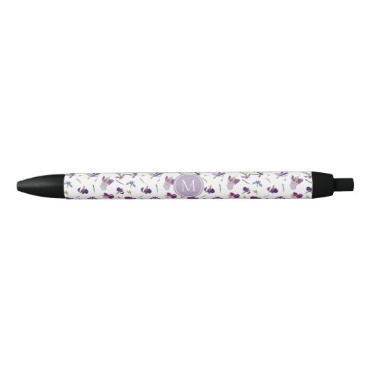 Paarse Waterverf Bloemen Irissen Patroon Monogram Zwarte Inkt Pen (Voorkant)