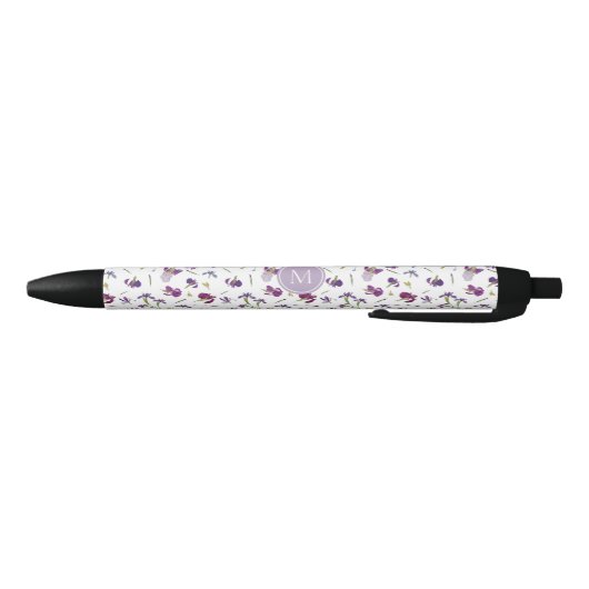 Paarse Waterverf Bloemen Irissen Patroon Monogram Zwarte Inkt Pen (Bodem)