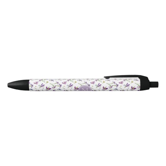Paarse Waterverf Bloemen Irissen Patroon Monogram Zwarte Inkt Pen (Bovenkant)